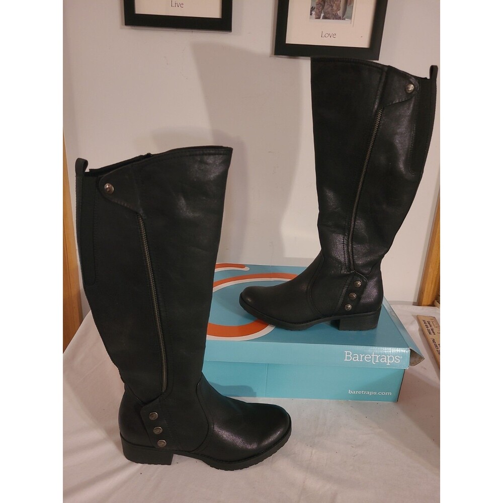 BareTraps Boots Womens 9 M Black Oria Tall Knee High Zip Snaps Heels